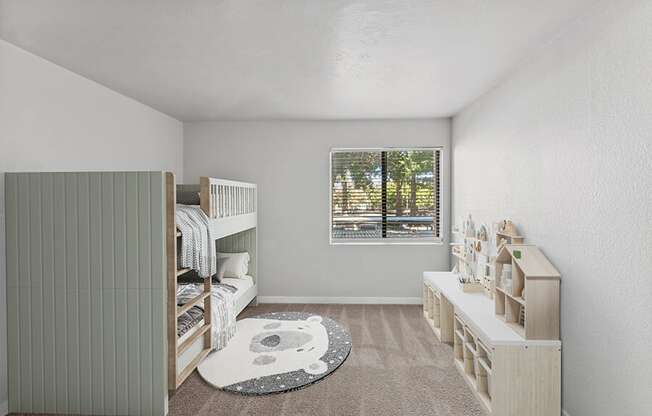 Model Bedroom with Carpet and Window View at Creek at 2645 Apartments located in Sacramento, CA.