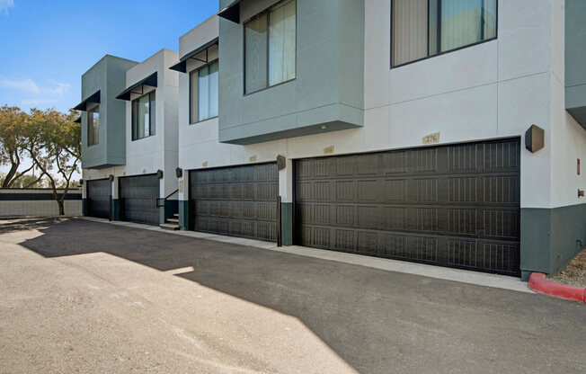 a garage door in front of a building