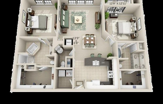 2 beds, 2 baths, 1,296 sqft, $1,516