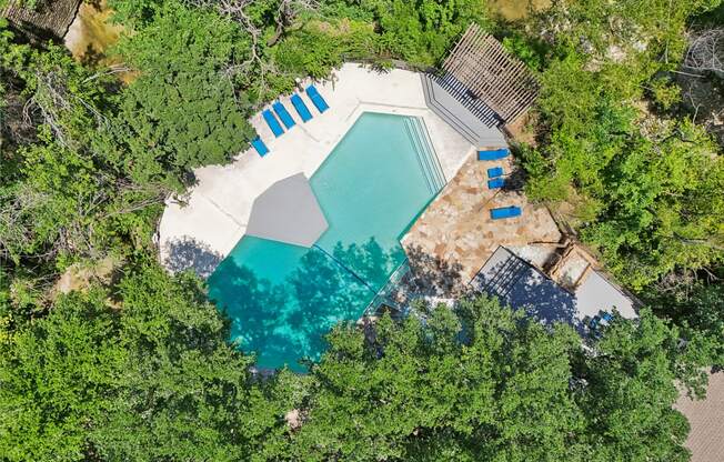 arial view of the pool at the resort with trees