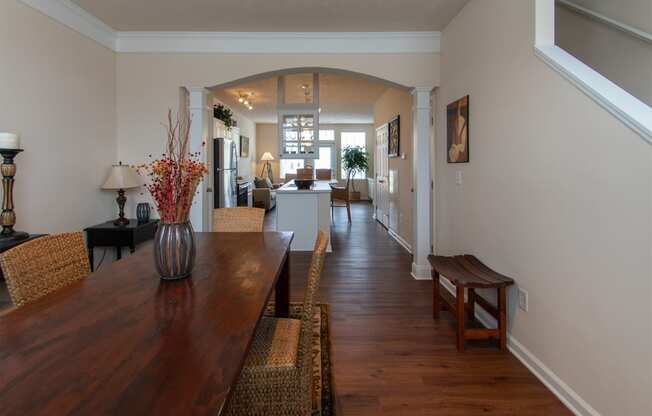 This is a photo of the dining room in the 1242 square foot, 2 bedroom, 2 and 1/2 bath Spinnaker floor plan at Nantucket Apartments in Loveland, OH.