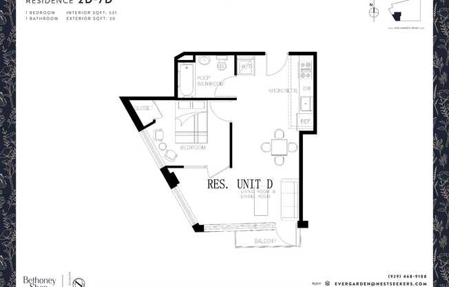 1 bed, 1 bath, 531 sqft, $2,908, Unit 3-D