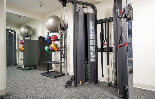 a home gym with weights and other equipment