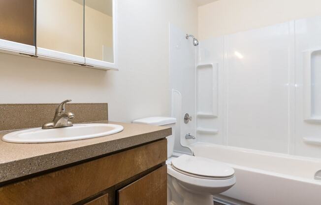 Pinewood Terrace Apartments | Bathroom with tub shower combo. Single vanity sink, mirror and cabinetry below.