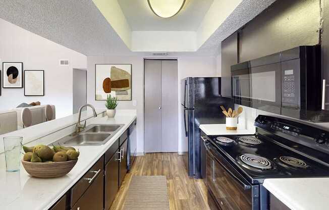 A modern kitchen with black appliances and a bowl of fruit on the counter.