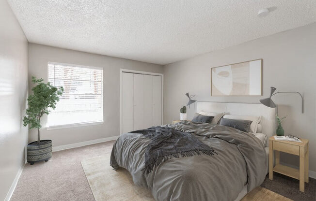 Model Bedroom with Carpet and Window View at Indigo Park Apartments in Albuquerque, NM.