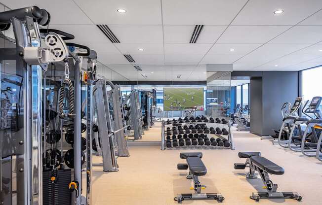 A gym with a variety of equipment including treadmills, weights, and benches.