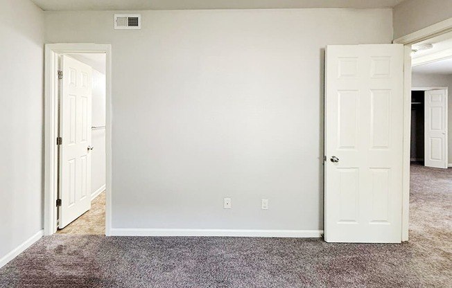 A room with a carpeted floor and two white doors.