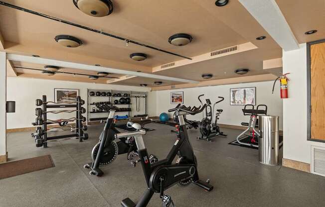A gym with exercise equipment and a fire extinguisher.