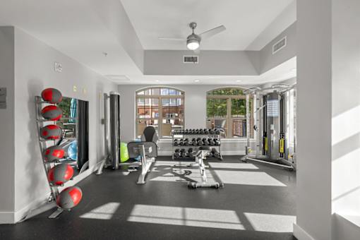 A gym with a variety of equipment including weights and a rowing machine.