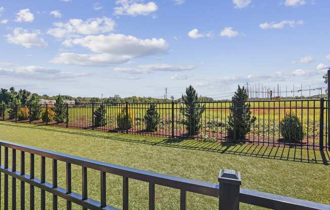 a view of a yard with trees behind a fence