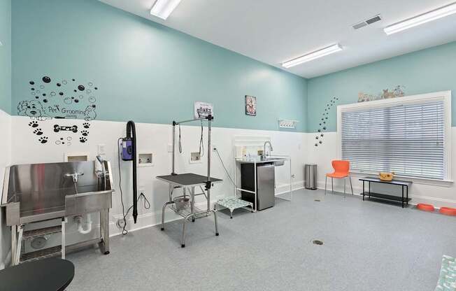 A room with a blue wall and a sign that says Pet Grooming.
