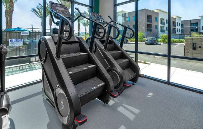 A set of treadmills in a gym with a view of the outside.