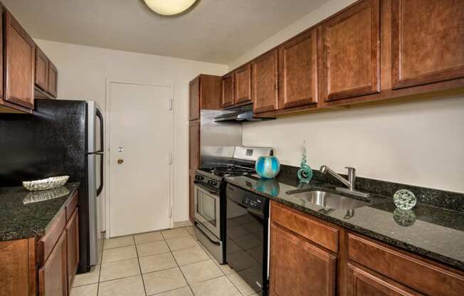 stainless steel appliances and dark wood cabinets at Cole Spring Plaza, Silver Spring, MD