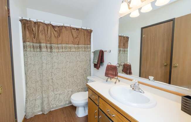 a bathroom with a sink and a toilet and a shower. Fargo, ND Park Circle Apartments.