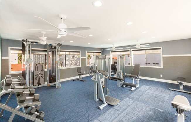 Apartments For Rent Colton, CA - Ardella At Reche Canyon - Fitness Center With Free Weights, Strength Training Machines, Workout Bench, Ceiling Fans, And Windows.