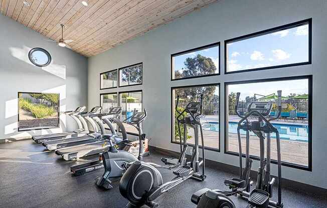A gym with treadmills and elliptical machines.