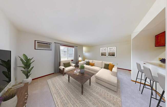 A living room with a couch, chairs, and a coffee table.