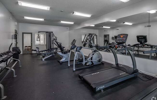A gym with treadmills, elliptical machines, and other exercise equipment at Landmark at Lyncrest Reserve Apartments, Nashville