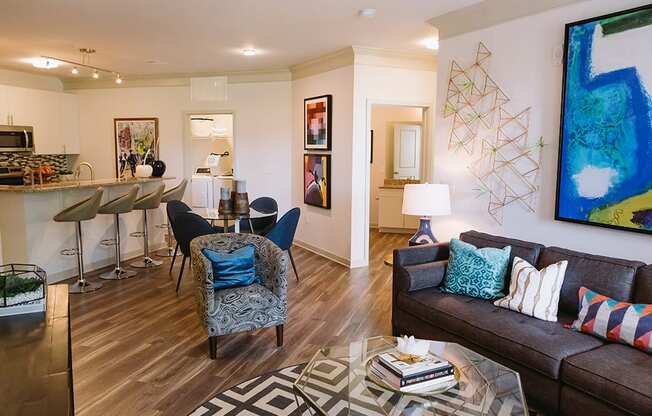 Living room looking into kitchen at Sycamore at Tyvola, Charlotte, North Carolina