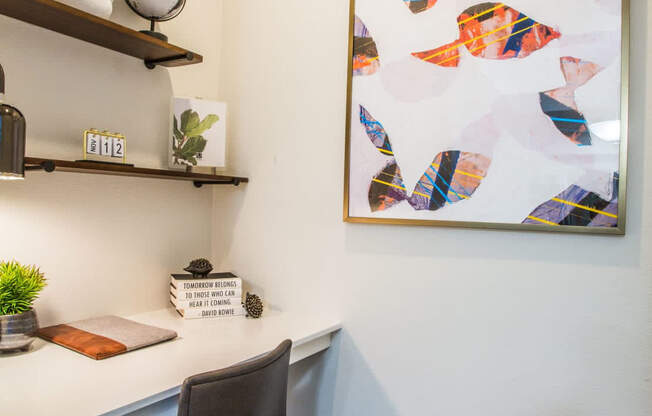 A white desk with a black chair and a picture on the wall.