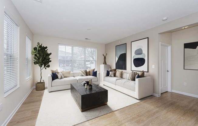 Living room with white interior at Monmouth Row Apartments, Kentucky