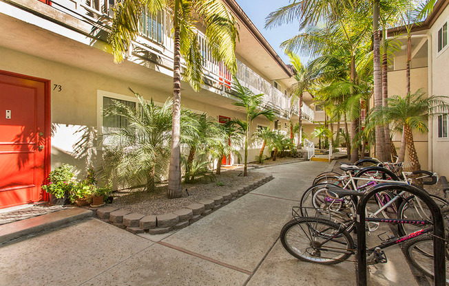 Pacific Sands paved walkways with bike racks filled with bikes and tropical landscaping at Pacific Sands, San Diego, CA