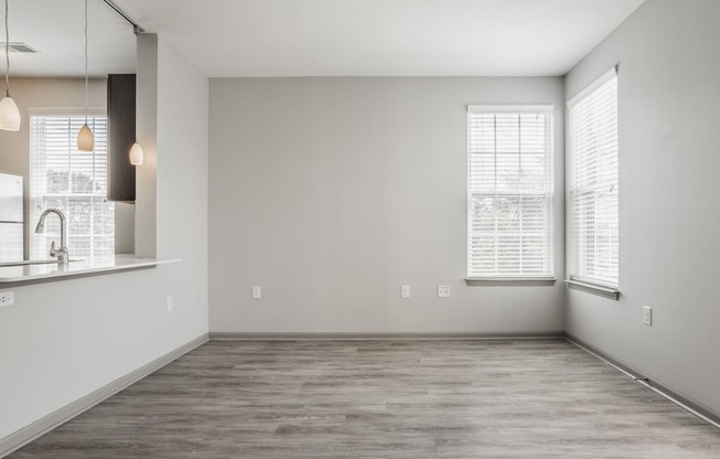 an empty living room with a sink and a window