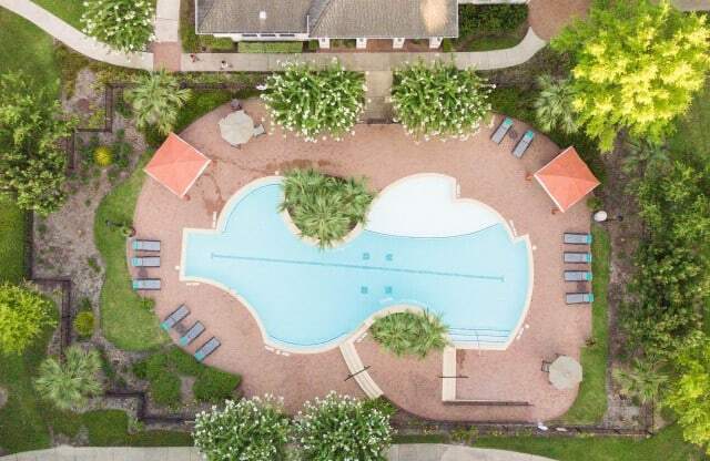 an aerial view of a pool with trees around it
