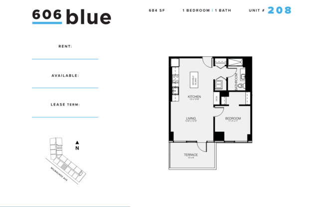 1 bed, 1 bath, 684 sqft, $2,950, Unit 208