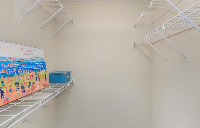 Closet interior with wire rack shelving at Ashley Oaks Apartments in Greensboro, North Carolina
