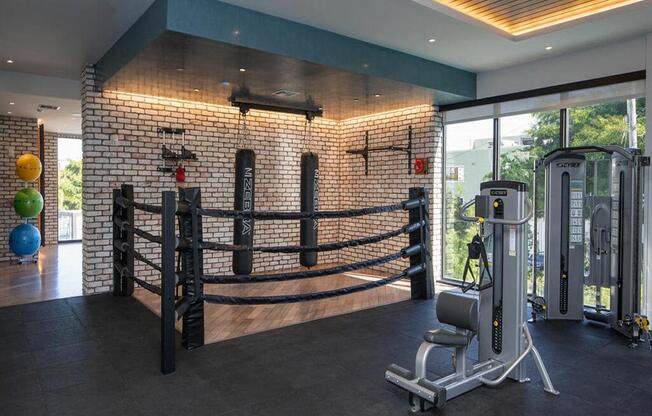 weighted machines and punching bags in fitness center