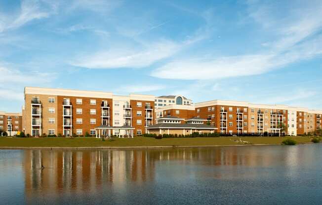 Apartment buildings overlooking pond