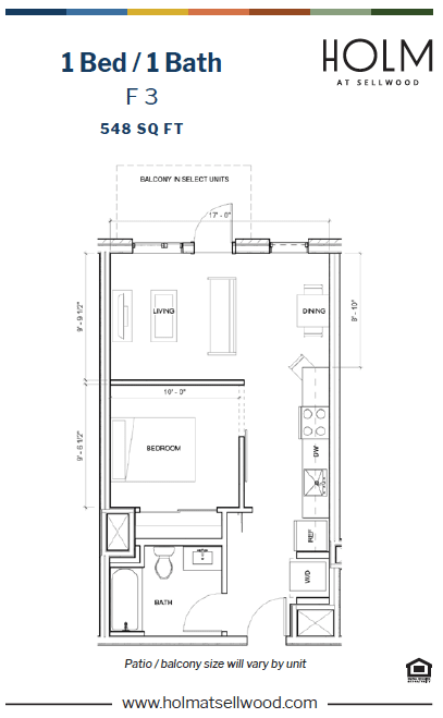 A floor plan for a 1 Bed/1 Bath unit at Holm Sellwood.