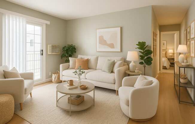 A living room with a white sofa, a coffee table, and a potted plant.