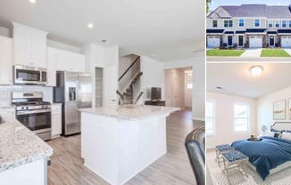 a combo of three images of a house with a kitchen and a bedroom