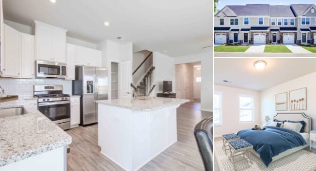 a combo of three images of a house with a kitchen and a bedroom