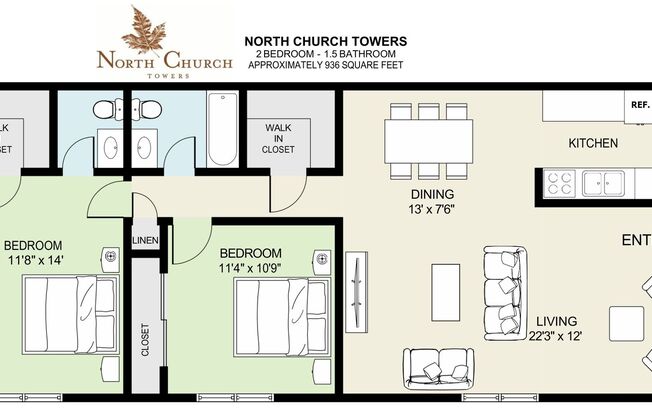 2 beds, 1.5 baths, 936 sqft, $1,325, Unit 1-119