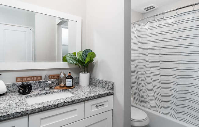 a bathroom with a shower and a sink and a mirror at The Heights Apartments, Cincinnati, OH, 45220