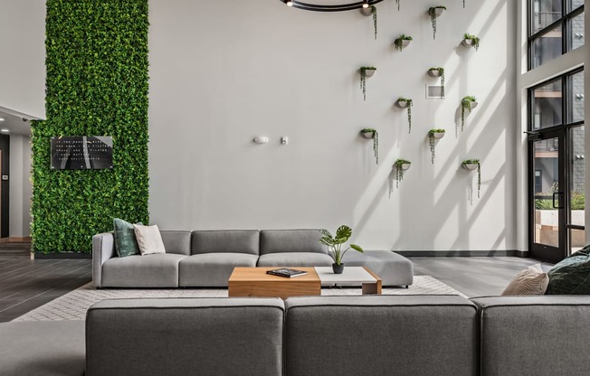 a living room with a white wall with plants on it and a gray couch
