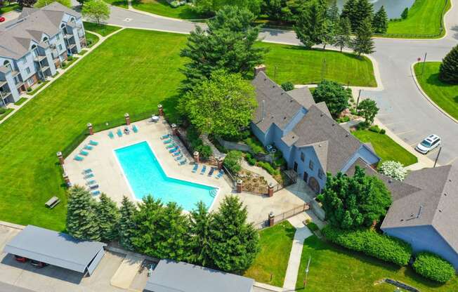 Aerial View of Pool and Clubhouse at Green Ridge Apartments, Michigan 49544