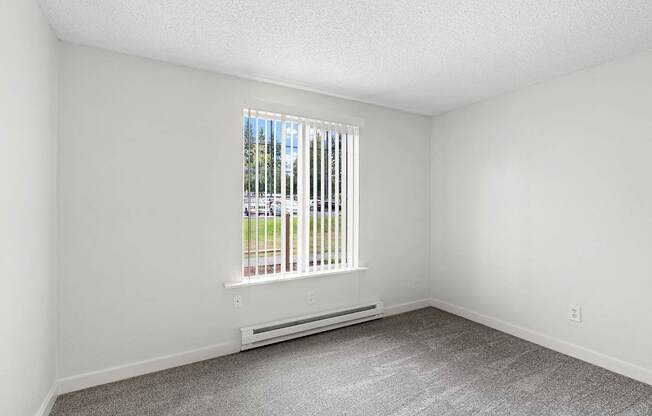 A room with a window and a radiator on the floor.