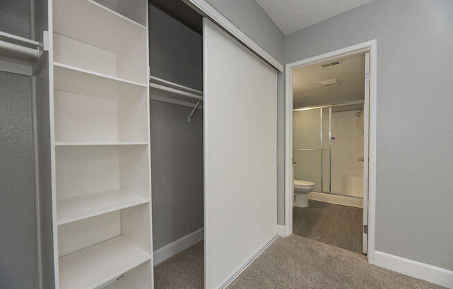 Closet with shelves by bathroom l Vue at the Lake in Sacramento