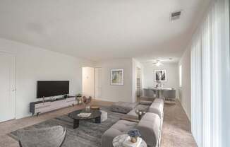 A living room with a grey sofa and a black coffee table.