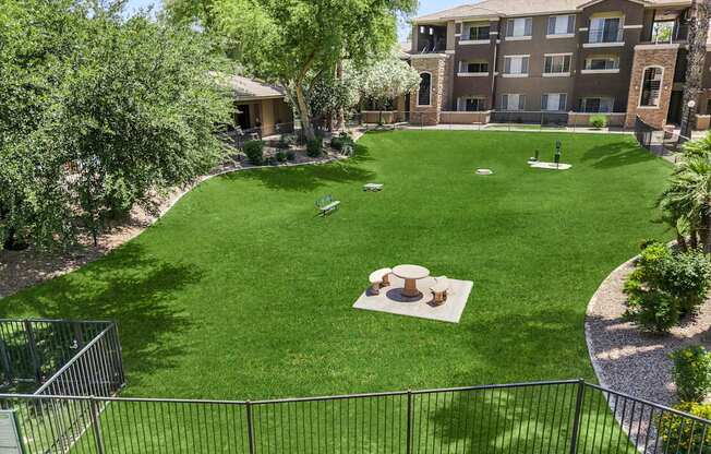 A green lawn with a fence and a building in the background.