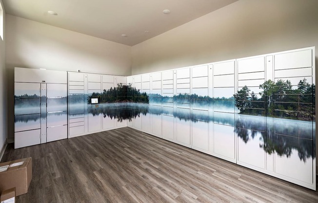 a large pool of water in a room with wood floors