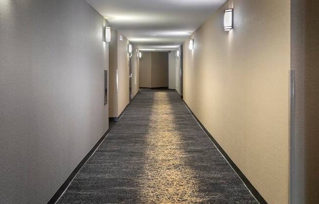Long Hallway at Towers at Costa Verde Apartments, San Diego, CA