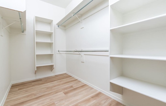 a walk in closet with shelves and a wood floor