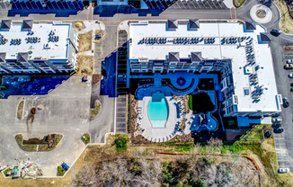 Aerial view of the clubhouse building at 3800 Aqua Apartments