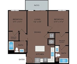 2 beds, 2 baths, 967 sqft, $1,605